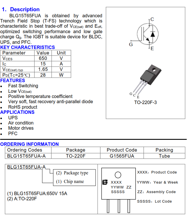 上海貝嶺BLG15T65FUA絕緣柵雙極晶體管（IGBTs）規(guī)格書